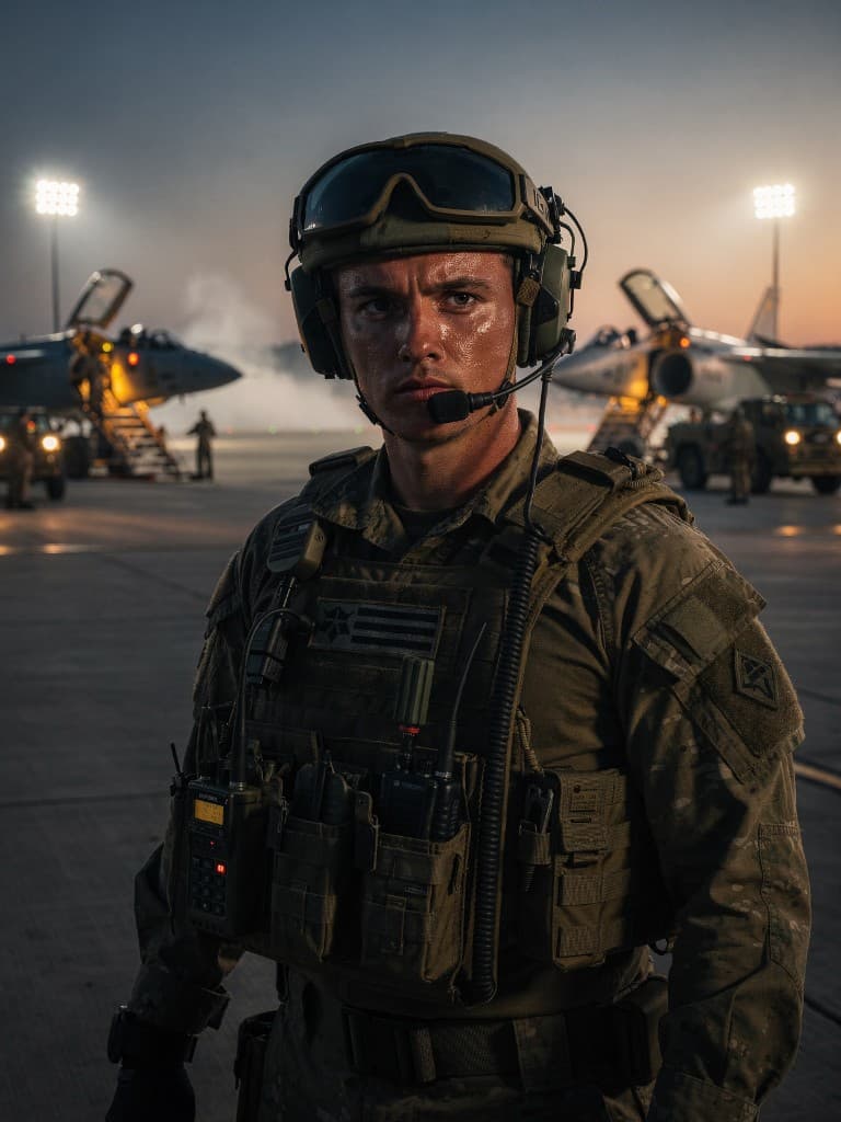 Service member with secure communications gear on an operational airfield at dusk