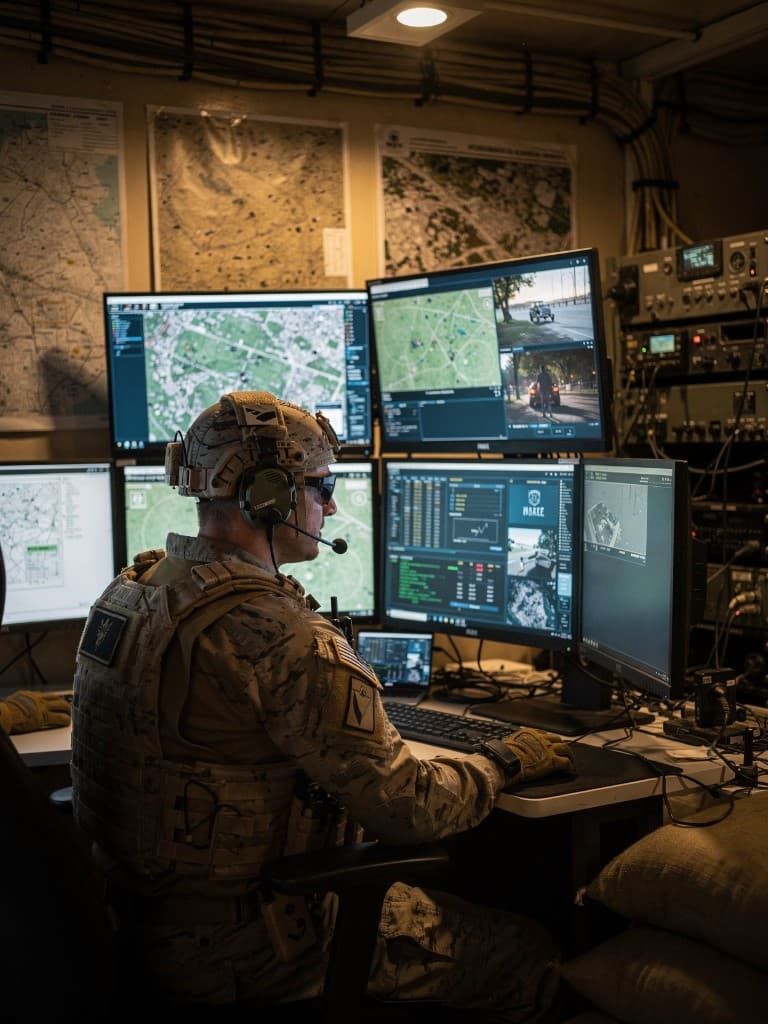 Operator at a mission command workstation with tactical displays and decision intelligence systems